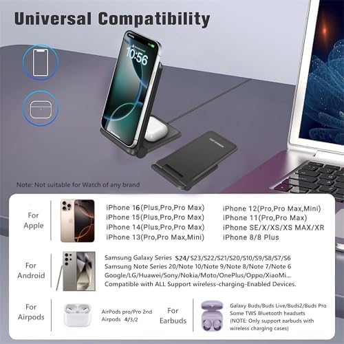 Innovative Dual Device Wireless Charging Stand – 20 W Fast Charge for i Phone 16/16 Pro/15/14/13/12/X & Air Pods, Portable Foldable Induction Station for Samsung, Pixel, LG, Xperia – Hassle-Free Plugless Design for Effortless On-the-Go Power Management