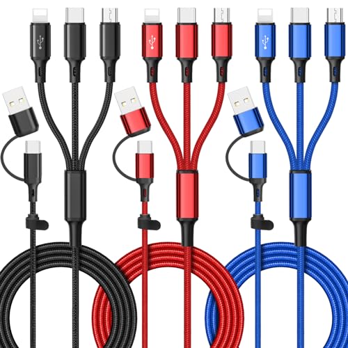 Versatile 6 in 1 Multi Charging Cable [3 Pack, 4 FT] – Durable Nylon Braided Fast Charging Cord for USB A/C, Micro USB, and Lightning Devices – Universal Phone Charger for Home, Office, and Travel – Enhanced Compatibility for All Smartphones and Tablets