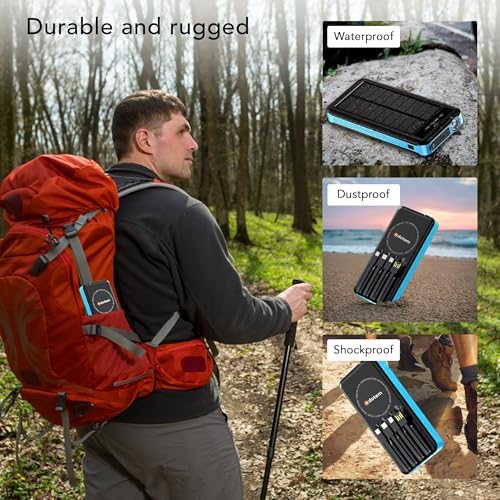 Ultimate Portable Solar Power Bank with Integrated Charging Cables – 10,000 m Ah Waterproof Battery Pack for Phones Featuring USB, Micro USB, Lightning, Type-C, and Wireless Charging – Perfect for Outdoor Adventures and Daily Use (Black Blue)