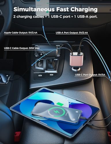 Introducing the SUPERONE 4-in-1 Retractable Fast Car Charger: Ultimate On-the-Go Charging Solution for i Phone, Galaxy & Pixel Devices – Featuring 2.6 ft Tangle-Free Cord, Enhanced USB C & Apple Compatibility, and Sleek Design for Effortless Portability. Experience lightning-fast charging to keep your devices powered during road trips or daily commutes, ensuring you’re always connected. This innovative retractable charger is engineered for maximum efficiency, accommodating a wide range of smartphones including i Phone 16, 15/15 Pro Max, 14, 13, 12, 11 and popular Galaxy and Pixel models. With its compact construction and high-quality materials, this charger not only enhances your charging experience but also withstands everyday wear and tear. Elevate your mobile charging with the SUPERONE car charger – where convenience meets cutting-edge technology for busy professionals and families on the move.