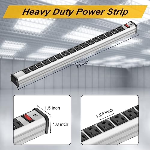 Maximize Workspace Efficiency with the 16 Outlet Heavy-Duty Power Strip – Metal Wall Mount Surge Protector, 10 FT Cord for Industrial Use – ETL Certified for Safety, Versatile Connectivity, and Robust Performance