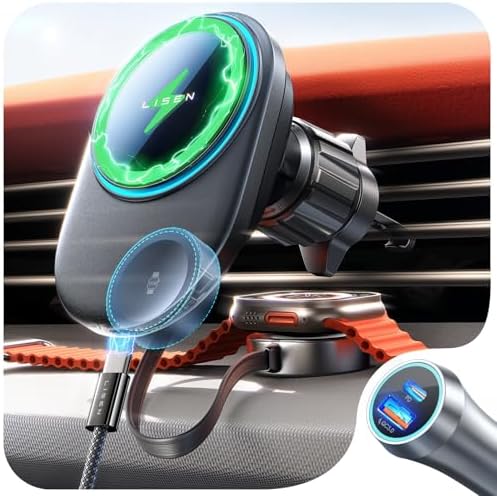 Elevate Your Driving Experience with the LISEN Mag Safe Wireless Car Charger – 15 W Fast Charging Mount for i Phone 16/15/14/13 & Apple Watch Series 10/9/8/7/6/5/4/3/SE – Effortless Retractable Design with Robust Magnetic Stability for Seamless On-the-Go Power – USB-C for Rapid Charging and Ultimate Compatibility – The Smart Choice for i Phone and Apple Watch Users Seeking Convenience and Reliability