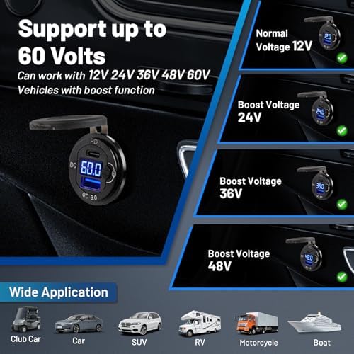 Anina Dual USB High-Voltage Charger 2-Pack (10 V-60 V) – Fast Charging for Golf Carts, Trucks, RVs, and Marine – 30 W Power Delivery & Quick Charge 3.0 – Waterproof & Easy Install – Stay Connected on the Go with Enhanced Compatibility and Safety Features