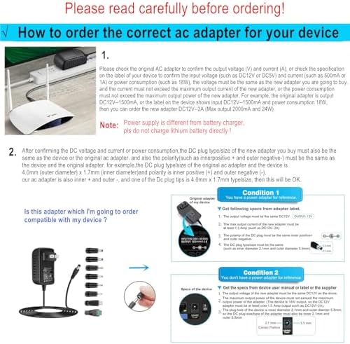 Guan Ting Universal 12 V 2 A Power Supply Adapter – High-Efficiency AC to DC Charger with 8 Interchangeable Tips for Maximum Flexibility – Compact 24 W Converter for Rapid Charging and Enhanced Device Compatibility