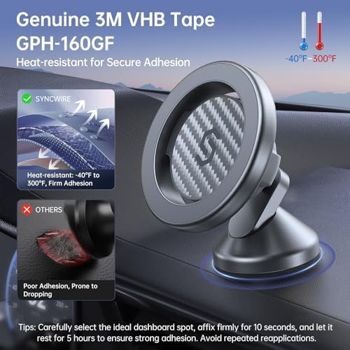 SYNCWIRE 360° Magnetic Car Mount for i Phone & Samsung – Effortless Dashboard Installation with Strong Adhesion – Secure Phone Holder for Safe Navigation and Streaming – Sleek Design for Modern Vehicles – Enhanced Mag Safe Compatibility