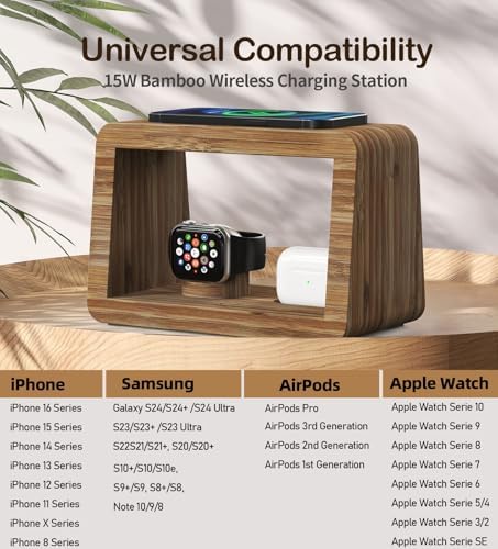 Eco-Friendly Bamboo Charging Station with 15 W Fast Wireless Charging, Adjustable Night Light & Multi-Device Compatibility for i Phone, i Watch, Air Pods, and Samsung – Sleek Nightstand Solution with 3 Color Modes and 4 Brightness Levels, Includes Adapter for Enhanced Efficiency