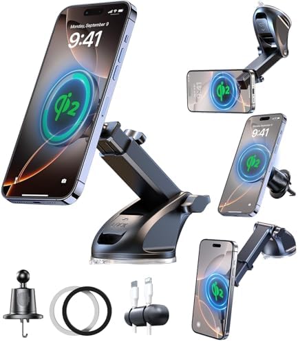 Mag Safe-Compatible Vacuum Suction Car Phone Holder – Versatile Magnetic Mount with Aerospace Alloy Arm for Tesla, Gym, Shower, and Smooth Surfaces – Secure Dashboard/Windshield Screen Solution for i Phone – 360-Degree Rotation for Optimal Viewing Angles and Hands-Free Safety