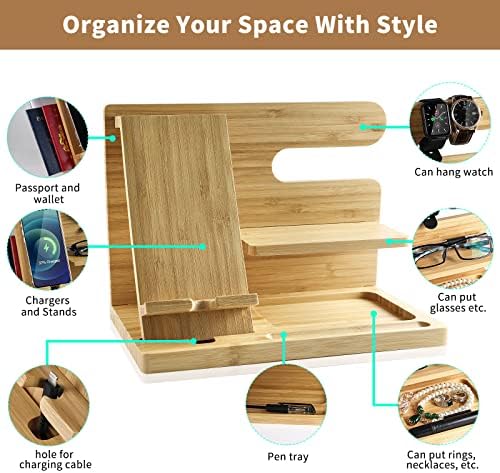 Premium Bamboo Multi-Device Charging Dock: AICase Elegant Wooden Nightstand Organizer for Smartphones, Tablets & Smartwatches – Stylish & Durable Solution Ideal for Home and Office Decluttering