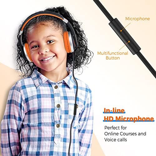 Rockpapa HS20 Kids Wired Headphones – Super Lightweight & Foldable Design with Integrated Microphone, Perfect for School, Travel & Entertainment – Compatible with Tablets & Smartphones, Stylish Black & Orange for Ages 3-15, Ideal for Learning, Play, and Hands-Free Communication