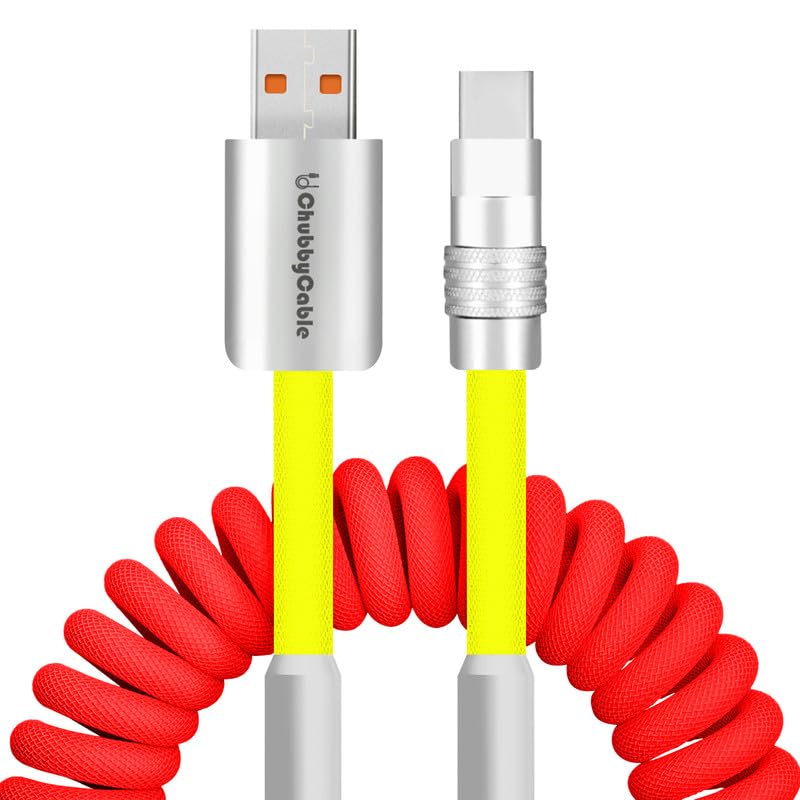 Dynamic Curly Chubby Coiled USB C Cable: 240 W Fast Charge Retractable Spiral Braid Cord for Carplay & Android Auto, Versatile Length 2.29 FT to 3.6 FT, Sleek Black and Red Design, Enhanced Compatibility for All USB-A to Type-C Devices
