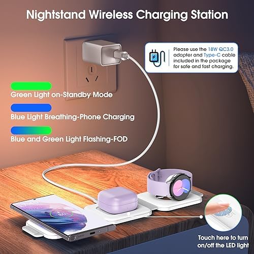 Portable Wireless Charging Station for Samsung Devices, Compact Foldable Charger for S25 Ultra/S24/Z Flip 6/5, Multi-Device Support for Galaxy Watch 8/7 & Buds Pro3/2 – Efficient Fast Charging Solution in Sleek White Design for Travelers and Professionals