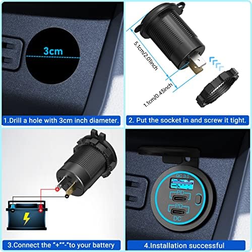 Fast Charging USB C Car Charger Socket 12 V – Dual 30 W PD & 18 W QC3.0 Waterproof Outlet for RV, Marine, Truck & Motorcycle – Compact Design with Button Switch for Ultimate Power Control & Enhanced Device Compatibility