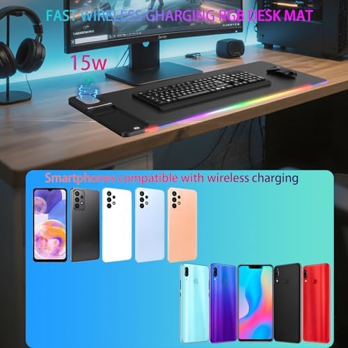 Ultimate RGB Gaming Mouse Pad with 15 W Wireless Charger and Phone Stand – High-Speed Qi-Compatible Charging Desk Mat for Enhanced Gaming Setup and Productivity, Customizable Lighting Modes, Durable Waterproof Design, Ideal Birthday Gift for Tech Enthusiasts and Gamers