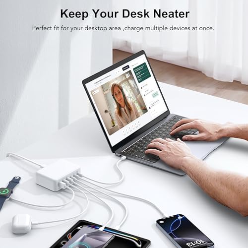 BREEKET 100 W USB C Fast Charger Hub – 6-Port Ga N Charging Station with 3 USB-A & 3 USB-C Connections – High-Speed Wall Adapter for i Phone 15/14/13/12/11 Pro Max, i Pad, Google Pixel & Samsung Galaxy Devices – Compact, Safe & Stylish Power Solution