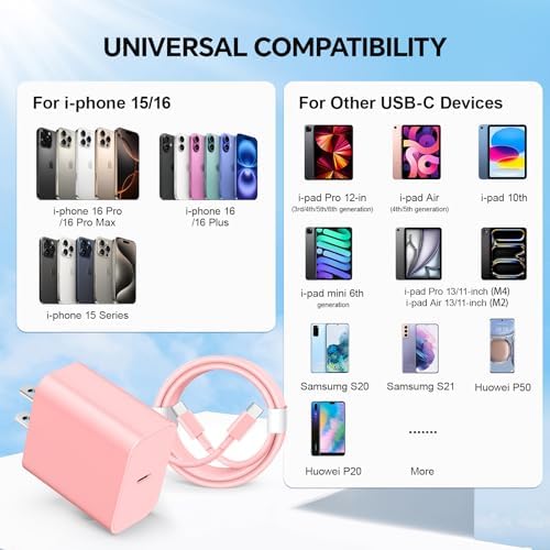 Lightning-Fast 20 W USB-C Wall Charger & 10 FT Cable for i Phone 15/16/Plus/Pro Max – Sleek Pink-Blue Power Adapter for Ultimate Charging Performance and Versatile Use