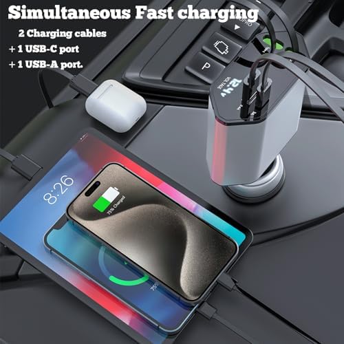 Ultimate 4-in-1 Retractable Car Charger for Fast Multi-Device Charging – Compatible with i Phone & Android, Featuring Advanced Safety Mechanisms and Real-Time Voltage Monitoring for Optimal Performance, 1-Pack – Perfect for Road Trips & Daily Commutes