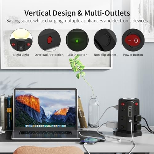 PASSUS Surge Protector Power Strip Tower with 12 AC Outlets and 5 High-Speed USB Ports – 10 FT Extension Cord with Overload Protection and Built-In Night Light for Home Office and Dorm Room – Sleek Black Design for Ultimate Charging Efficiency