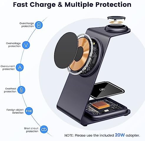 Effortlessly Charge Your Devices with the Stylish Purple Magnetic 3-in-1 Wireless Charging Station for Mag Safe i Phones and Apple Products – Fast, Efficient, and Space-Saving Solution for i Phone, Air Pods, and Apple Watch Users