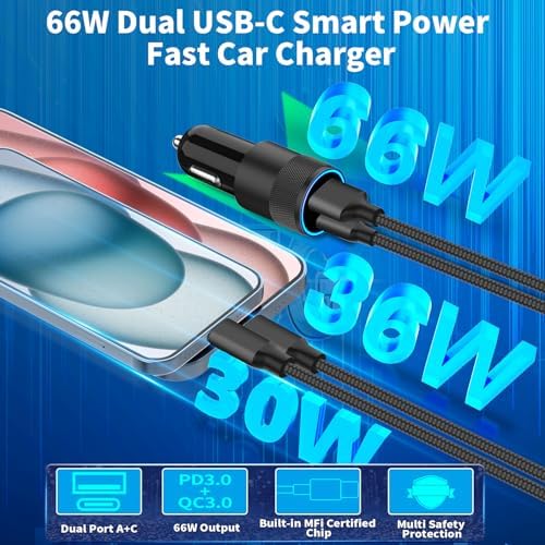 Braveridge 66 W Dual Port USB-C Car Charger for i Phone 16 – MFi Certified Fast Charging with Type-C Braided Cable – Enhanced Compatibility for i Phone 16/16 Pro Max/15/15 Pro/i Pad – Ideal for Road Trips and On-the-Go Power Solutions