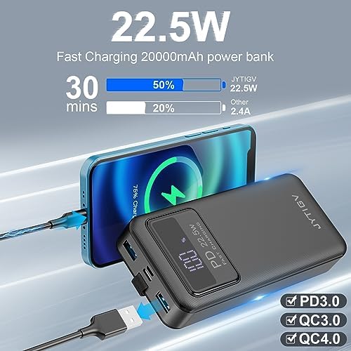 High-Capacity 20,000 m Ah Portable Charger with 22.5 W PD Fast Charging, LED Display, and Flashlight – USB-C Compatible Power Bank for i Phone, i Pad, Samsung, LG, and Android Devices – Ultimate On-the-Go Charging Solution in Sleek White Design