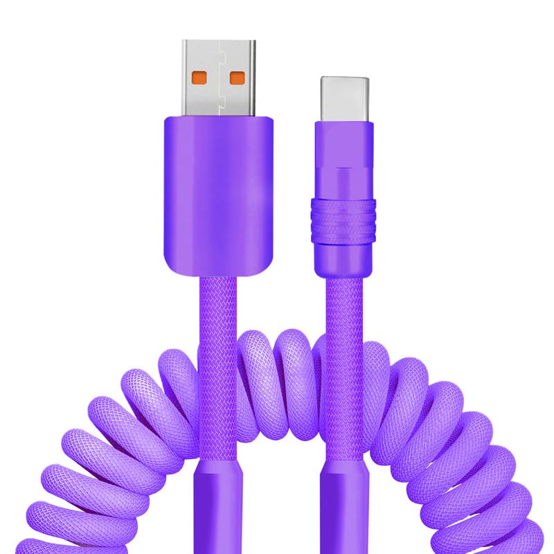 Dynamic Curly Chubby Coiled USB C Cable: 240 W Fast Charge Retractable Spiral Braid Cord for Carplay & Android Auto, Versatile Length 2.29 FT to 3.6 FT, Sleek Black and Red Design, Enhanced Compatibility for All USB-A to Type-C Devices