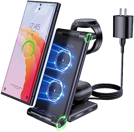 MANKIW Foldable 3-in-1 Wireless Charging Station: Fast Charging Hub for Samsung Galaxy S24, S23, S22, S20 Ultra, Z Flip, Fold 5/4/3, Galaxy Watch 6/5/4/3 & Buds – Convenient Design for Enhanced Speed and Portability in Classic White