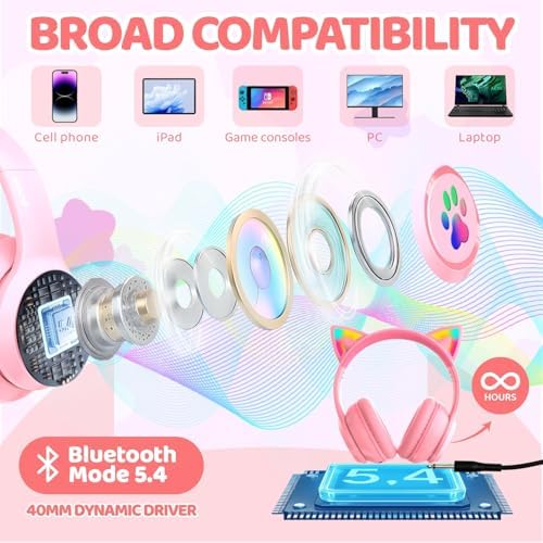 MIDOLA Cat Ear Bluetooth 5.3 Wireless Headphones for Kids – 60-Hour Playtime, Fun LED Illumination, Travel-Friendly Foldable Design with Integrated Microphone – Ideal for Music, Gaming, and Movies on the Move in Stylish Blue