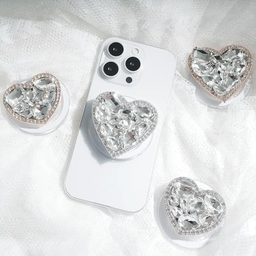 Elegant Heart-Shaped Diamond Phone Grip and Stand – Chic Collapsible Mobile Accessory for Secure Handling and Stylish Functionality (Silver Small)