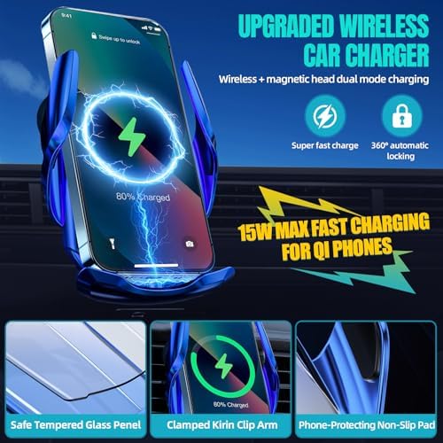 Max 15 W Fast Wireless Car Charger with Auto-Clamping Phone Holder – Qi-Certified Mount for i Phone 16/15/14/13/12 Pro Max & Samsung Galaxy S24/S23/S22/S21/S20/Note20 – Sleek Silver Design for Secure, Hands-Free Charging