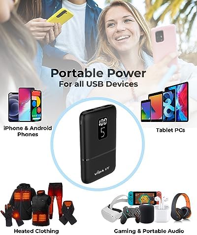 Vida IT 5000 m Ah Portable Charger – Lightweight USB-C Power Bank for i Phone XR, 11, 12, 13, Google Pixel, Samsung, Motorola, Xiaomi – Fast Charging with LED Display – Ideal for Heated Vests and Outdoor Use