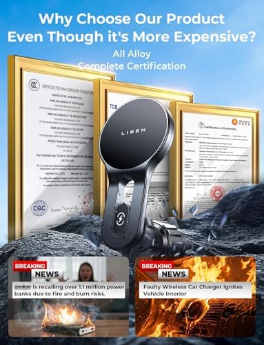 LISEN Qi2 15 W Mag Safe Car Mount Charger – Fast Wireless Charging Solution for i Phone 16 Pro Max, 15/14/13 Mini & Samsung Devices – Secure Magnetic Vent Holder for Hands-Free Navigation – Sleek, Durable Design for Enhanced Driving Convenience