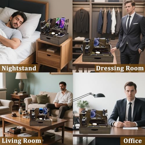 Nightstand Organizer for Men with Large Drawer, Birthday Gifts for Men, Phone Docking Station, Bedside Organizer for Nightstand for Apple Watch, Laptop (Brown, Solid Wood) – Enhanced Compatibility and Speed