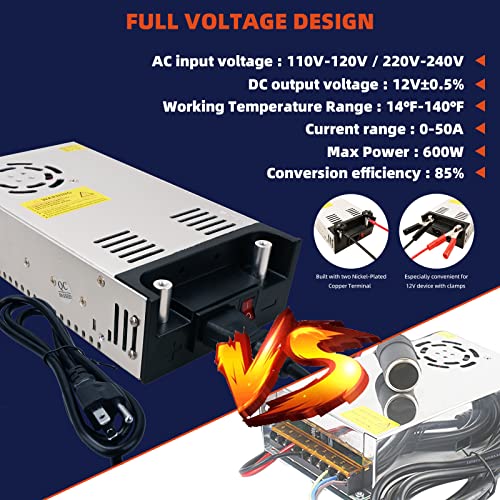 High-Performance 12 V 600 W AC to DC Converter – Versatile 50 A Power Supply for RVs, Pumps, LED Strips, and LCD Monitors – Reliable Efficiency and Enhanced Safety Features for Optimal Device Performance