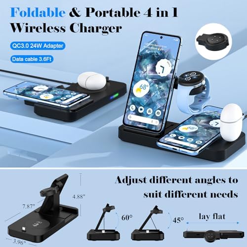 Ultimate 4-in-1 Foldable Wireless Charging Station for Google Pixel Devices – Fast Charge Your Pixel Watch, Smartphone, and Buds with 24 W Adapter – Compact, Portable Design for Effortless Charging On-the-Go – Enhanced Compatibility for Pixel 9 Pro/9/8 Pro/8/7/2/1 – Non-Slip Stability for Secure Power Solutions