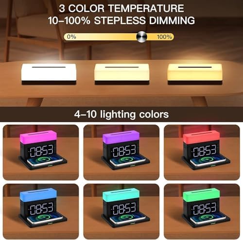 Ultimate 6-in-1 Wireless Charging Station with Digital Alarm Clock and Adjustable LED Night Light – 15 W Fast Charger for i Phone 16/15/14/13/12/11, Samsung Galaxy, Air Pods & Apple Watch Compatibility – Stylish Multi-Device Charging Hub with Cable Management, 13 LED Modes, and Enhanced Safety Features for Home, Office, and Travel Use