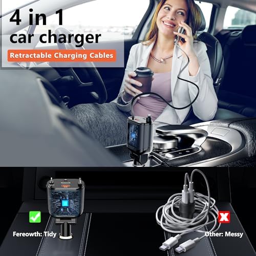 Ultimate 4-in-1 Fast Car Charger with Retractable Cables – PD 63 W Dual USB Adapter for i Phone 15/14/13, Samsung, i Pad, and Pixel – Sleek Black Design for Enhanced Compatibility and On-the-Go Efficiency