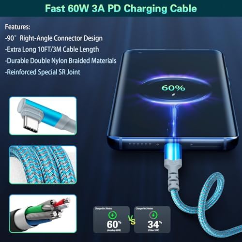 Dual Port Fast Charging Wall Adapter with 10 FT Right-Angle USB C Cable – 20 W USB-C Power Block for i Phone 16/15, Samsung Galaxy S25 Ultra, S24, S23, S10 – Efficient Charging Convenience for Home, Office, and Travel