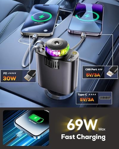 Transform Your Drive with a Multi-Port Retractable Car Charger & Air Freshener Diffuser – Fast USB-C Charging with Star Lights for i Phone & More – Ultimate Car Accessory for Enhanced Ambiance and Organization
