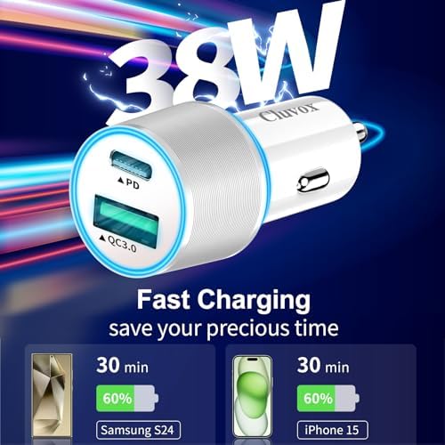 Dual Port 38 W USB-C Car Charger (2 Pack) – Fast Charge Your i Phone 16 Pro/Max/Plus & Samsung Galaxy S25/S24/S23 with 20 W PD & 18 W QC – Includes 3.3 FT Type C Cable – Sleek Black Design for Enhanced Compatibility and Efficiency, Perfect for Road Trips and Daily Commutes