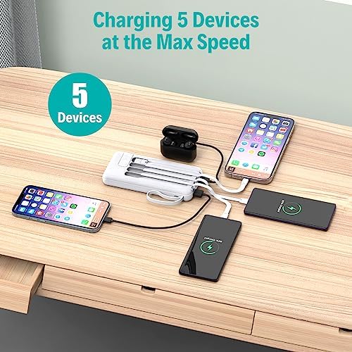 Slim 10,000 m Ah Portable Charger with Built-in Cables – High-Speed USB-C Power Bank for Travel | 5 Outputs & 3 Inputs, LED Display, Compatible with i Phone, Samsung, Pixel, LG & More – Essential Power Solution for On-the-Go Charging