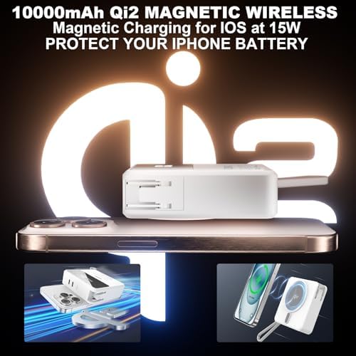 Magnetic 4-in-1 Universal Power Bank – 10,000 m Ah Qi2 Certified Travel Charger with Integrated Cables and 30 W Fast Charging – Versatile Compatibility for i Phone, Samsung, i Pad & More – Sleek LED Display, Built-in USB-C and Lightning Cable, Global Plug Adaptors – Effortless Wireless Charging Anywhere with Enhanced Portability and Efficiency