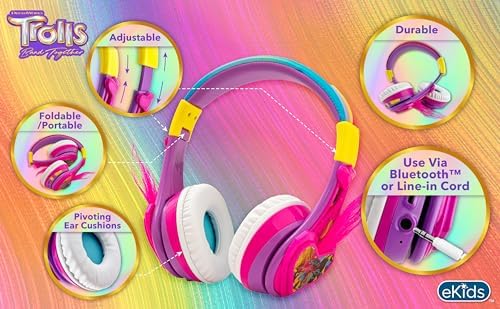 Trolls-Inspired Kids Bluetooth Headphones – Foldable Over-Ear Design with Safe Volume Limiting & Built-In Microphone for Hands-Free Learning and Calls – Ideal for School, Travel, and Home Use with Universal Device Compatibility