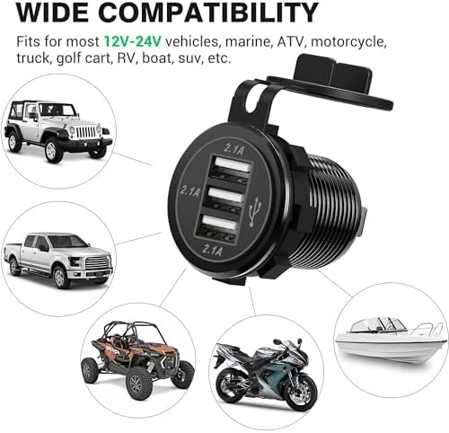 Versatile 12 V/24 V Dual USB Charger Socket – 3-Port Power Hub for Cars, Boats, RVs, and More – 2-Pack with Rapid Charging Capability and Waterproof Design for All Vehicle Types