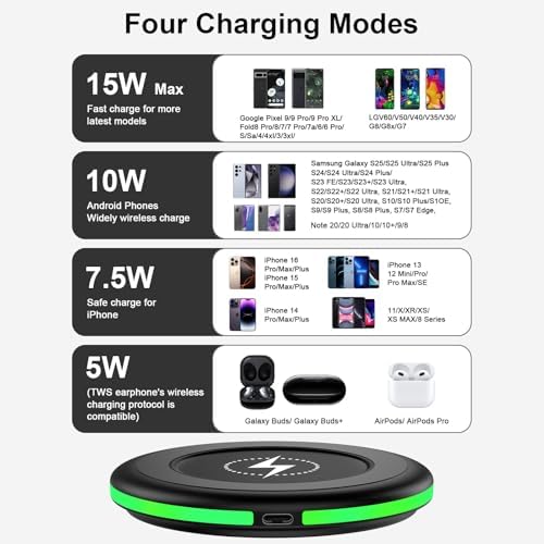 Dual 15 W Fast Wireless Charger Set for Google Pixel & Samsung Galaxy – Ultra-Compatible Charging Pad for Pixel 9/9 Pro/8/7/6 and Galaxy S25/S24/S23/S22 – Enhanced Safety Features with 1.8 X Speed Boost – Ideal for Nightstand Use – Includes Type-C Cables – Perfect for i Phone 16/15 Series and More – Slim Design for Easy Portability – Efficient Charging with Multi-Device Support – Inductive Charging Through Cases Up to 6 mm – High-Speed Android Charging Station for Multiple Devices – Recharge Your Galaxy Buds and More with Convenient 5 W Mode – Superior Protection Against Overheating and Short Circuits – Get Your Devices Fully Charged Overnight – A Must-Have Charging Solution for All Your Mobile Needs