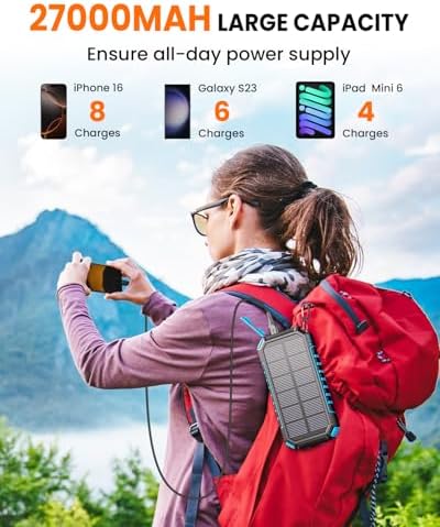 Riapow 27,000 m Ah Solar Power Bank – Ultra-Fast 22.5 W Wireless Charger with Built-in Cables for 6 Devices, Ideal for Outdoor Adventures and Emergency Power Needs – Charge i Phone 16 to 65% in 30 Minutes with High-Capacity Battery and Efficient PD 3.0 Technology – Stay Connected Anywhere, Anytime