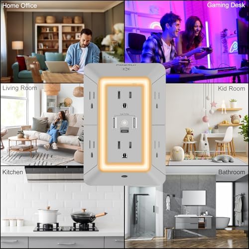 POWRUI 6-Outlet Surge Protector with 3 USB Ports (1 USB-C) and Integrated Night Light – Space-Efficient Power Strip for Home & Office – ETL Listed for Ultimate Safety and Fast Charging – Versatile 3-Sided Design with Adapter Spaced Outlets for Large Plugs – Streamline Your Charging Needs with Enhanced Compatibility and Reliability