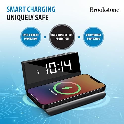 Brookstone Smart LED Alarm Clock with 15 W Fast Wireless Charger for i Phone 15 Pro Max & Samsung S23 | Dual Alarm Functionality with Customizable Brightness | Sleek, Modern Design for Efficient Workspaces & Nightstands