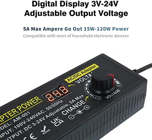 Universal Adjustable DC Power Supply Adapter, 3 V-24 V, 3 A, 72 W – Versatile AC to DC Converter with 14 Interchangeable Tips for Maximum Device Compatibility and Enhanced Performance