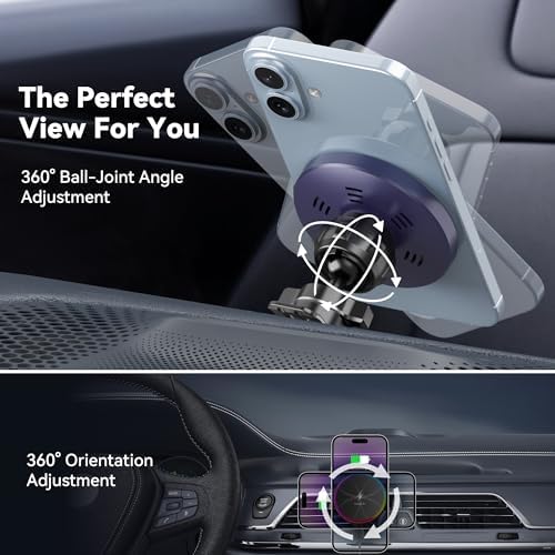 Mag Safe Car Mount Charger with 15 W Fast Wireless Charging – Magnetic Air Vent Holder for i Phone 12-16 Pro Max & Samsung S25 Series – Stylish RGB LED Design for Enhanced Compatibility and Efficient Power Delivery