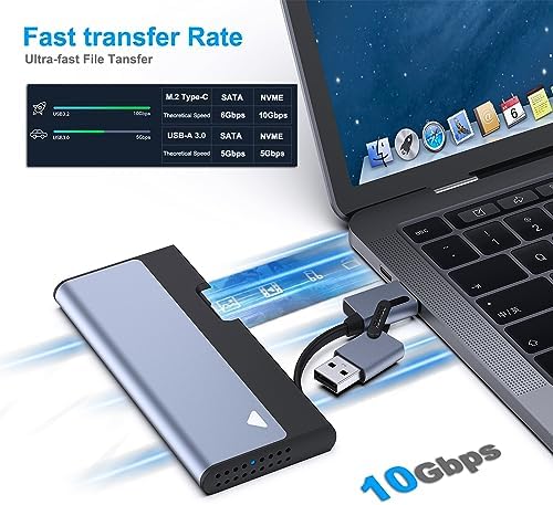 High-Speed BENFEI M.2 NVME SATA SSD Enclosure – 10 Gbps USB Type-C/Type-A Adapter for PCI-E & SATA Drives, UASP/TRIM Support – Compatible with 2230/2242/2260/2280 SSDs – Durable Aluminum Design for Optimal Heat Dissipation and Portability